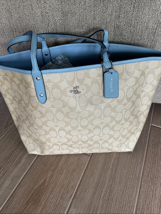 Coach Handbags - Coach Signature Canvas Tote cream/tan/lt blue w/zipper pouch and keychain tag